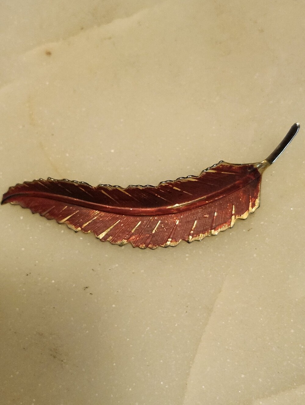 Vtg Red Feather Leaf Brooch